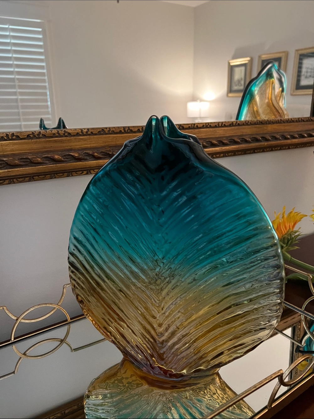 Pier 1 Teal and Amber Sculpted Glass Leaf Accent